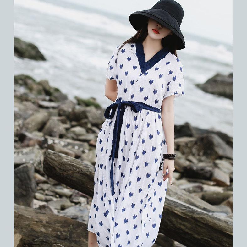 Handmade v neck blue tie waist linen cotton white print Dress summer - Omychic