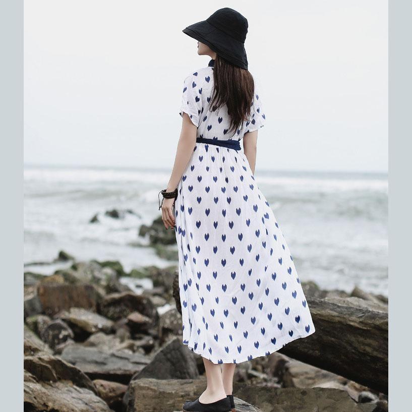 Handmade v neck blue tie waist linen cotton white print Dress summer - Omychic