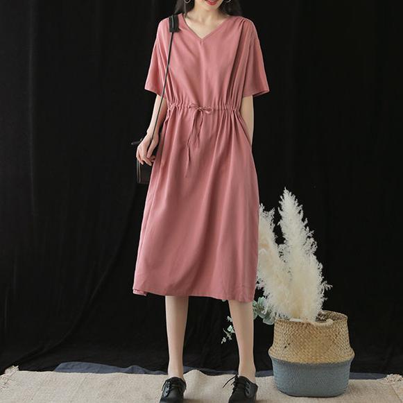 Handmade v neck drawstring silk Runway pink Dresses summer - Omychic