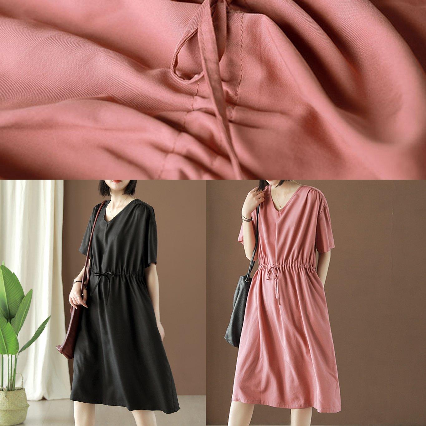 Handmade v neck drawstring silk Runway pink Dresses summer - Omychic