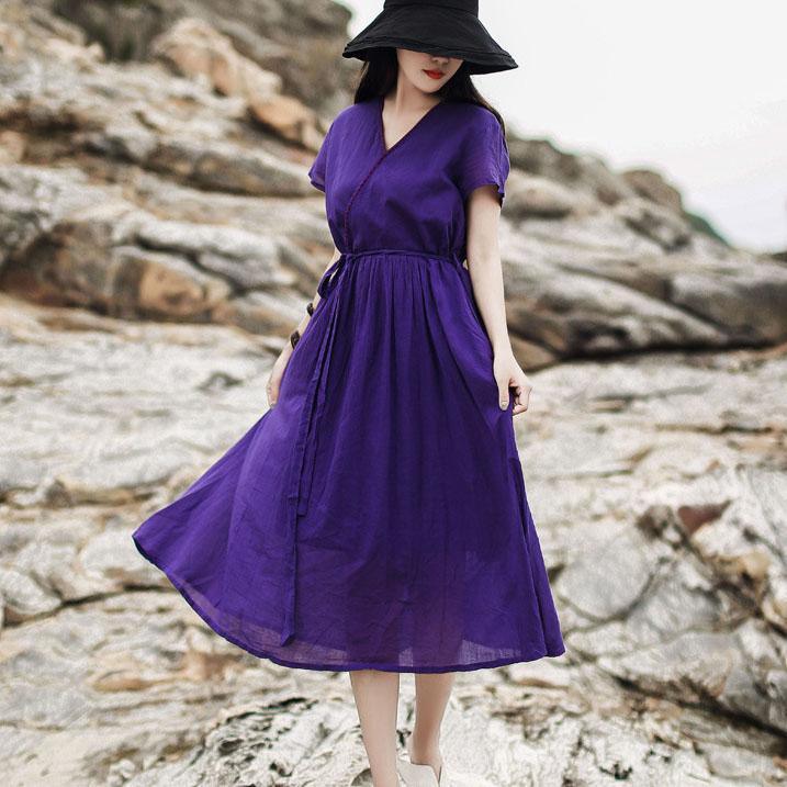 Handmade v neck layered tie waist cotton clothes For Women design purple Dress summer - Omychic