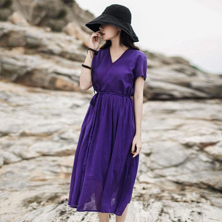 Handmade v neck layered tie waist cotton clothes For Women design purple Dress summer - Omychic