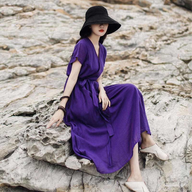 Handmade v neck layered tie waist cotton clothes For Women design purple Dress summer - Omychic