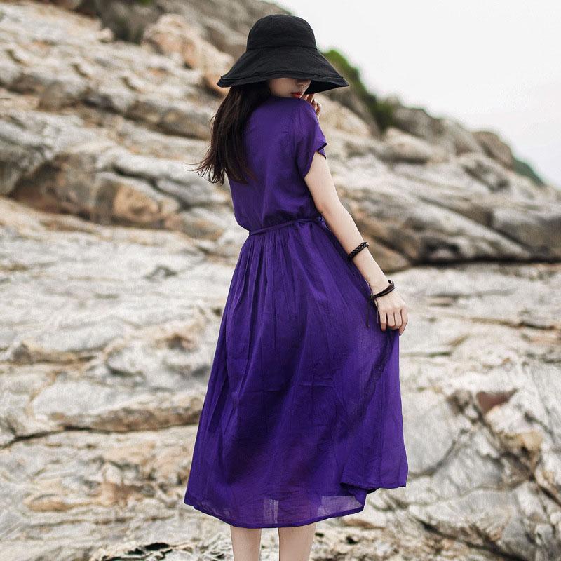 Handmade v neck layered tie waist cotton clothes For Women design purple Dress summer - Omychic