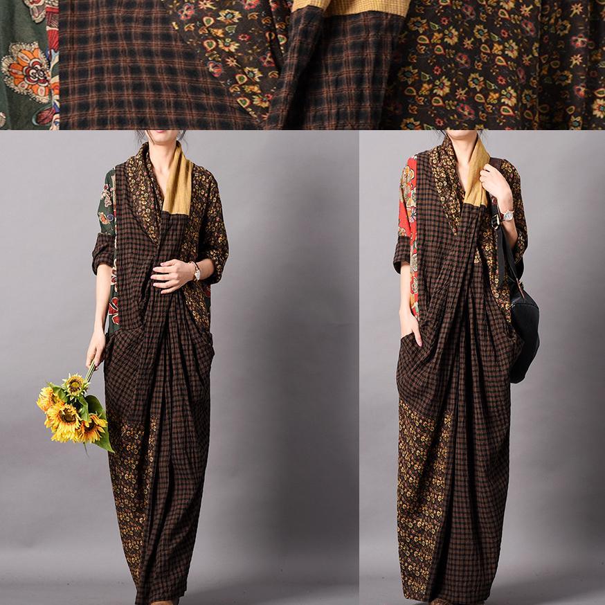 Handmade v neck patchwork linen clothes Indian Neckline green print Maxi Dresses spring - Omychic