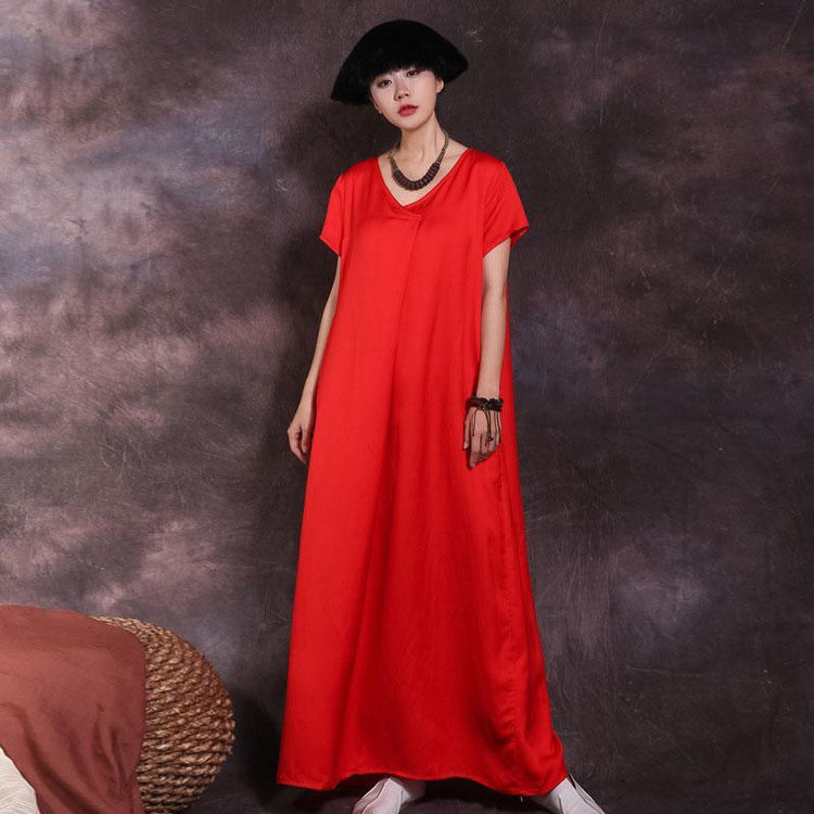 Handmade v neck pockets linen Robes Work Outfits red Dresses summer - Omychic