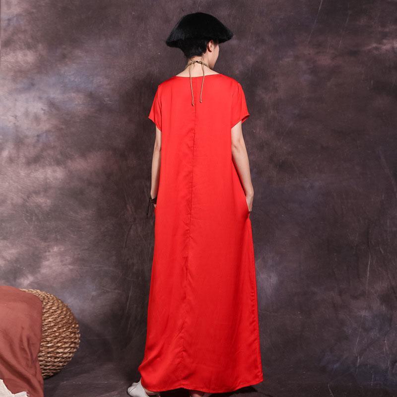 Handmade v neck pockets linen Robes Work Outfits red Dresses summer - Omychic