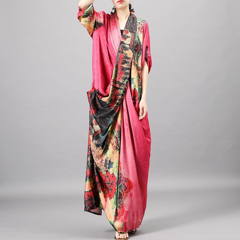 Handmade v neck silk prints dresses Photography red A Line Dress - Omychic