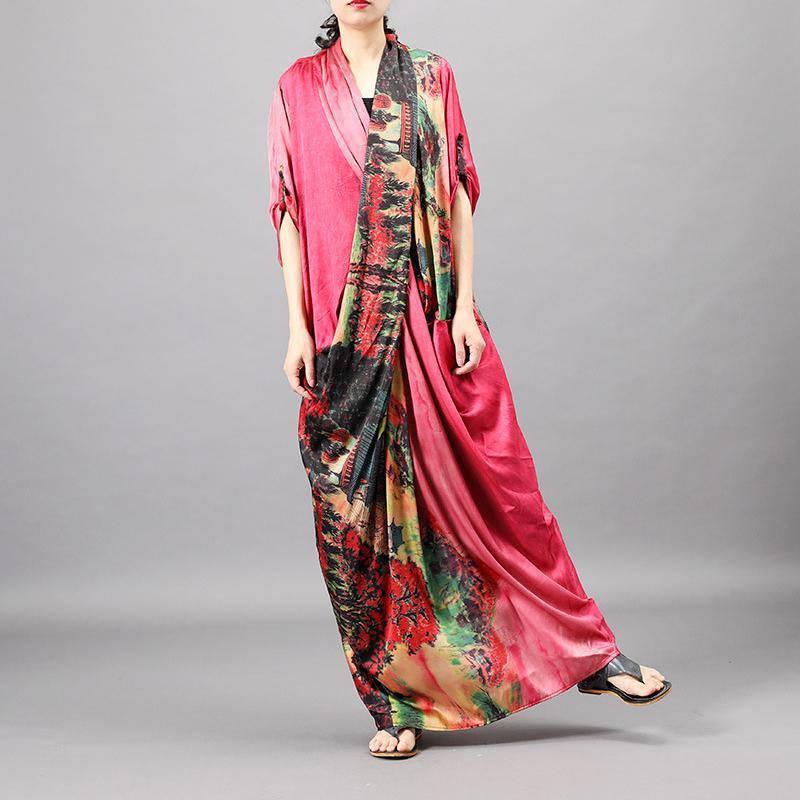 Handmade v neck silk prints dresses Photography red A Line Dress - Omychic