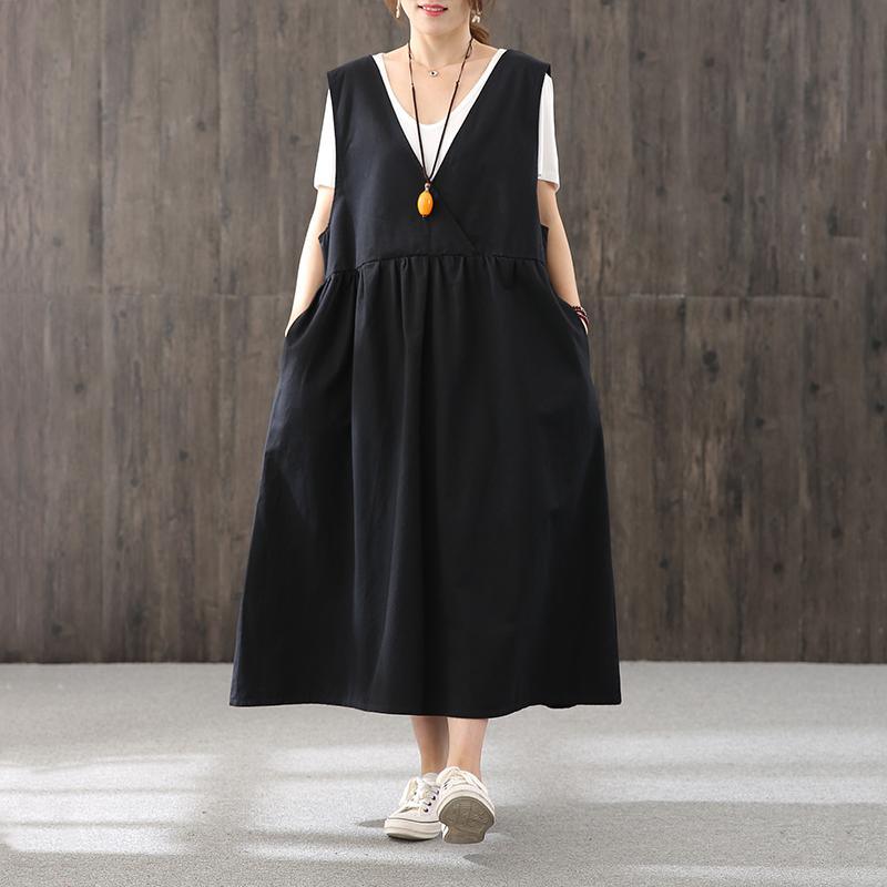 Handmade v neck sleeveless fall quilting dresses Shirts black Maxi Dress - Omychic