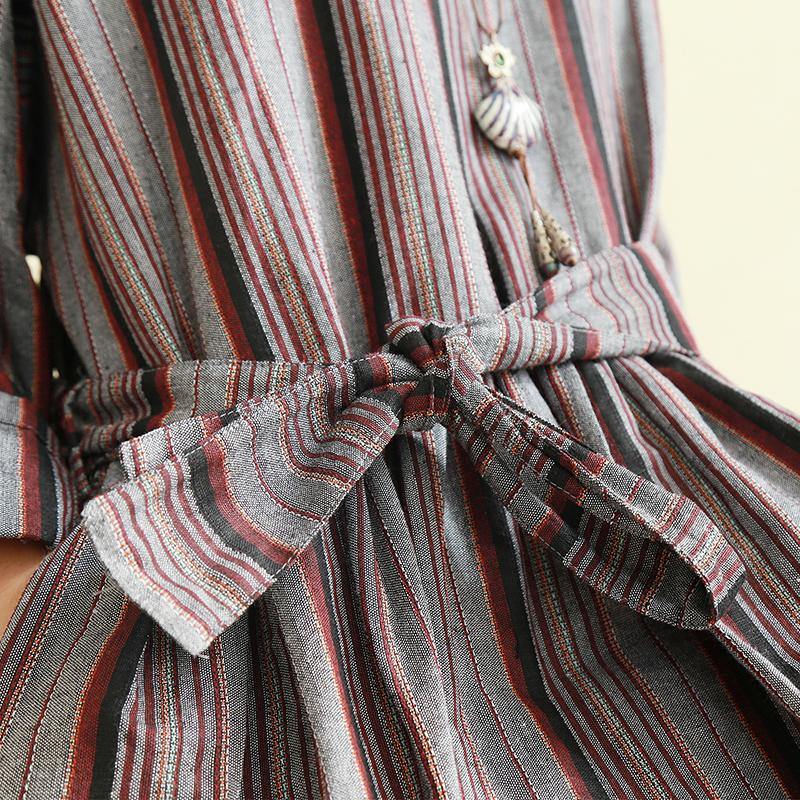 Handmade v neck tie waist cotton linen 18th Century Fashion Ideas gray red striped Maxi Dresses - Omychic