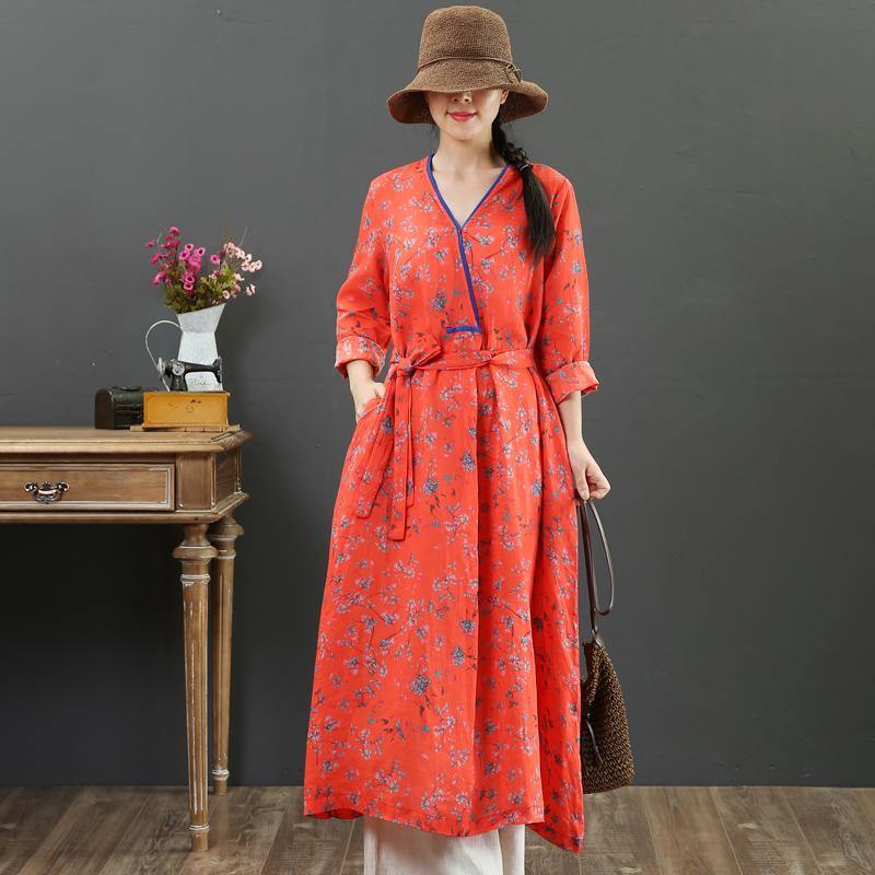 Handmade v neck tie waist linen Robes Inspiration orange print Dresses fall - Omychic