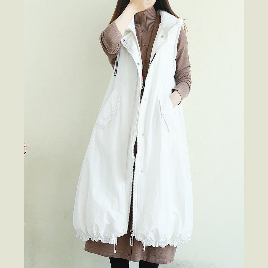 Handmade white Plus Size trench coat pattern hooded pockets sleeveless jackets - Omychic
