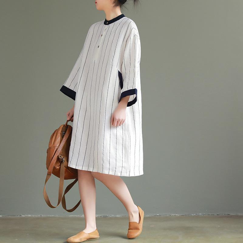 Handmade white striped linen tunic pattern plus size Photography patchwork o neck shift Dresses - Omychic