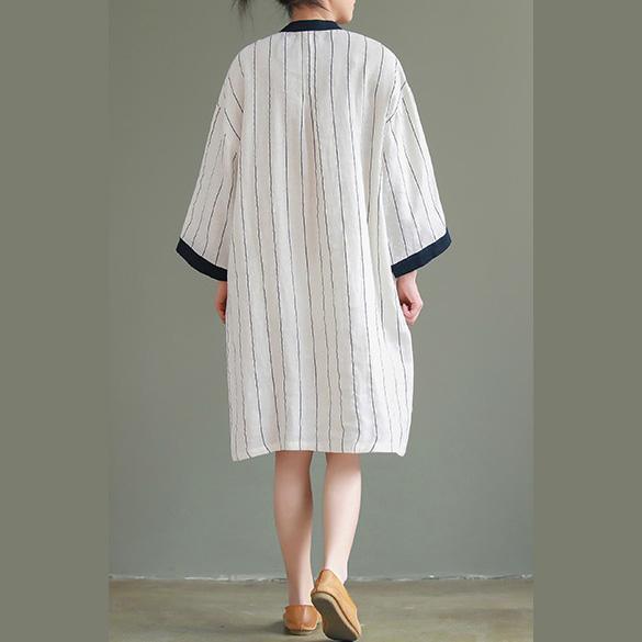 Handmade white striped linen tunic pattern plus size Photography patchwork o neck shift Dresses - Omychic