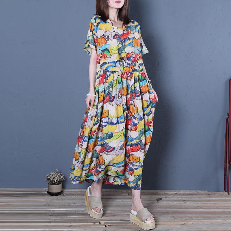 Handmade wrinkled o neck cotton clothes linen light floral Maxi Dress summer - Omychic