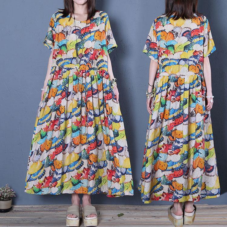 Handmade wrinkled o neck cotton clothes linen light floral Maxi Dress summer - Omychic