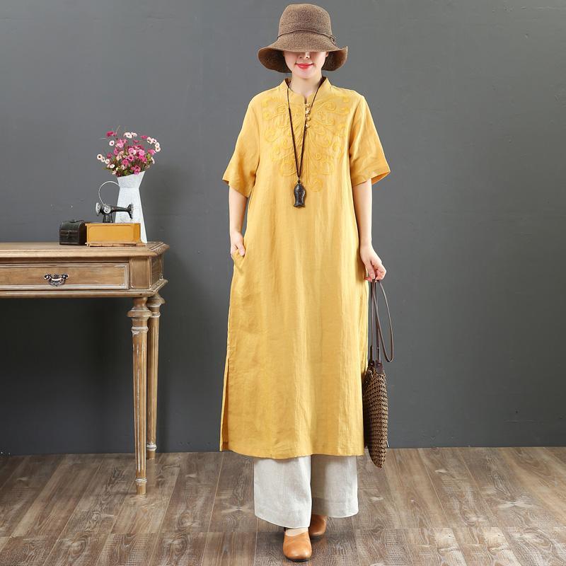Handmade yellow linen Long Shirts boutique Catwalk stand collar side open Traveling Summer Dress - Omychic