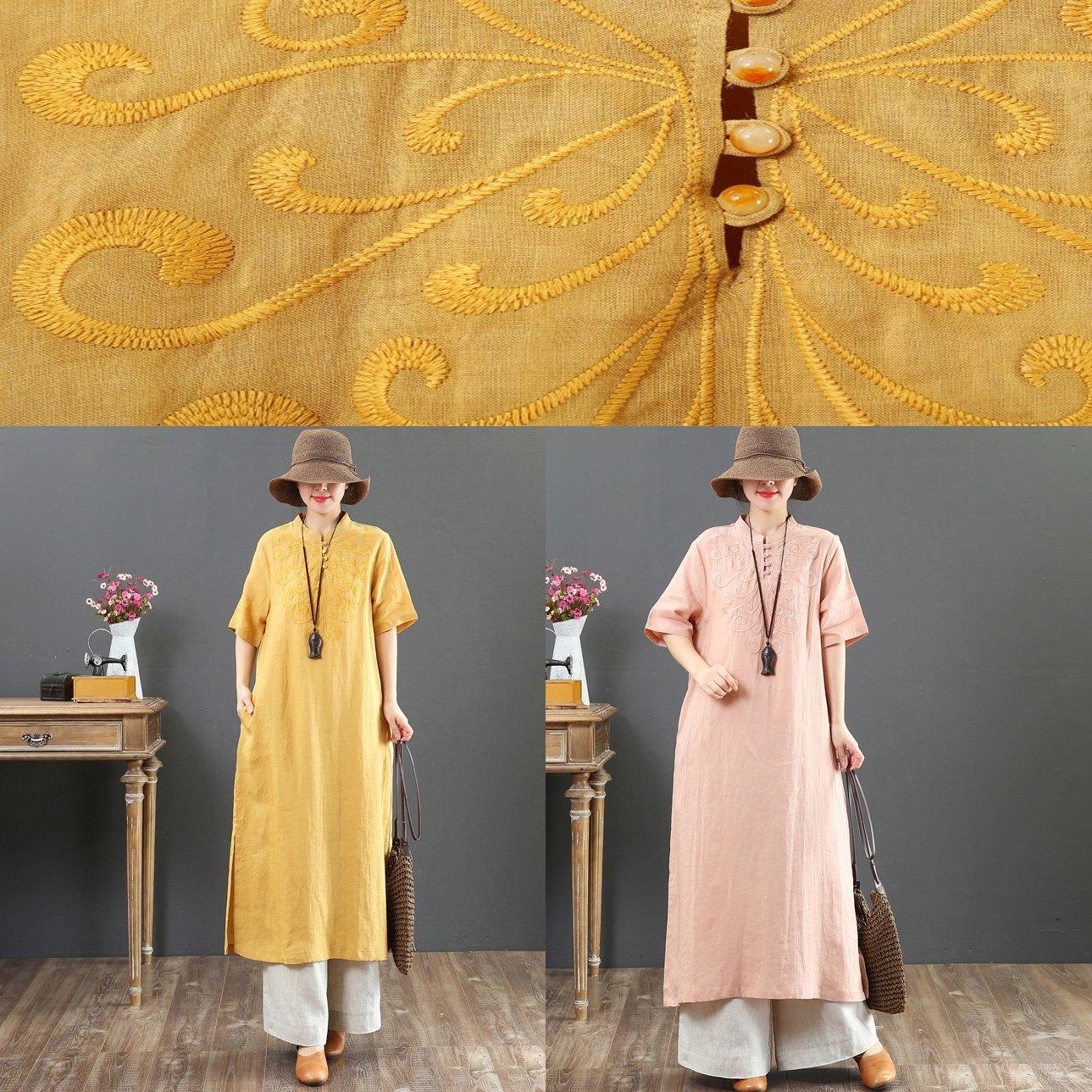 Handmade yellow linen Long Shirts boutique Catwalk stand collar side open Traveling Summer Dress - Omychic