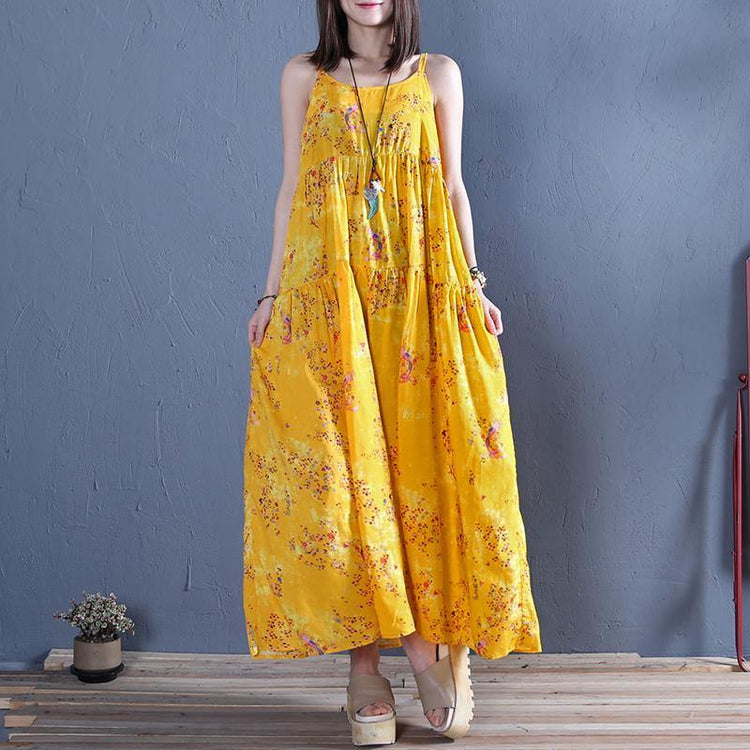 Handmade yellow print cotton tunics for women Spaghetti Strap A Line summer Dresses - Omychic