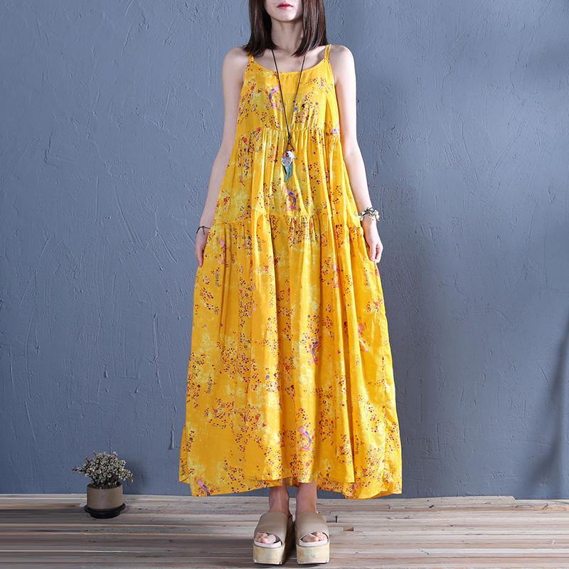 Handmade yellow print cotton tunics for women Spaghetti Strap A Line summer Dresses - Omychic