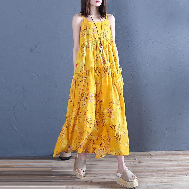 Handmade yellow print cotton tunics for women Spaghetti Strap A Line summer Dresses - Omychic