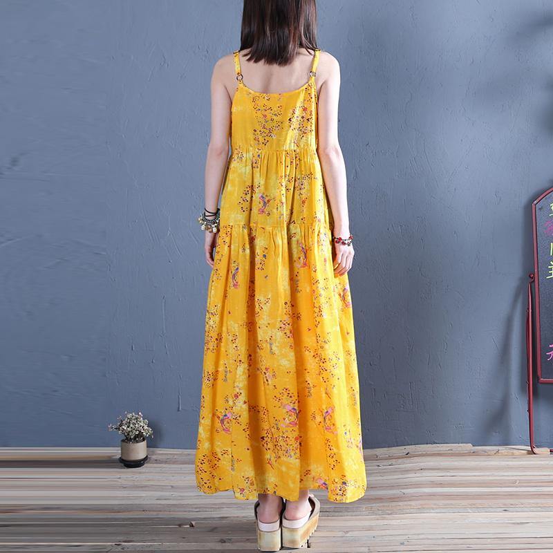 Handmade yellow print cotton tunics for women Spaghetti Strap A Line summer Dresses - Omychic