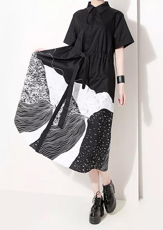 Handmade Lapel Tie Waist Clothes Work Outfits Black Abstract pattern Maxi Dresses - Omychic