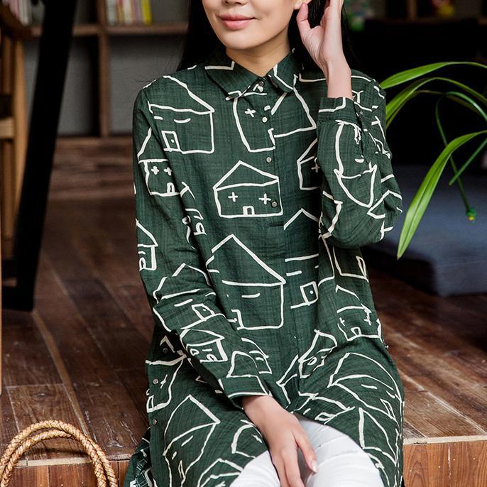 Happy house print cotton sundress long sleeves shirt blouse in green - Omychic