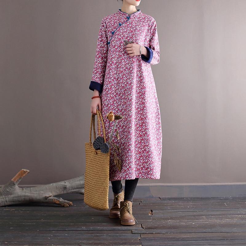 Women Loose Printed Stand Collar Dress Ladies Vintage Print Fleece Dresses Female 2020 Autumn Winter Dress - Omychic