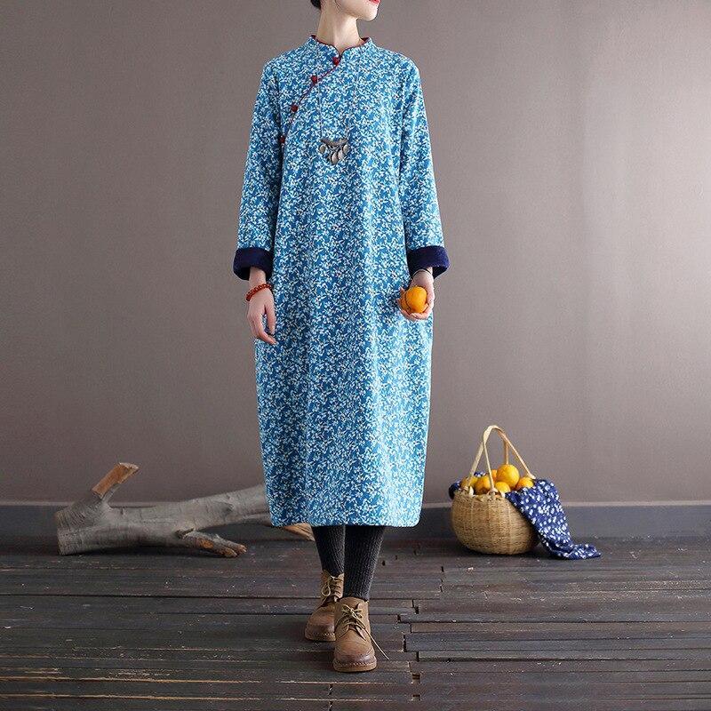 Women Loose Printed Stand Collar Dress Ladies Vintage Print Fleece Dresses Female 2020 Autumn Winter Dress - Omychic