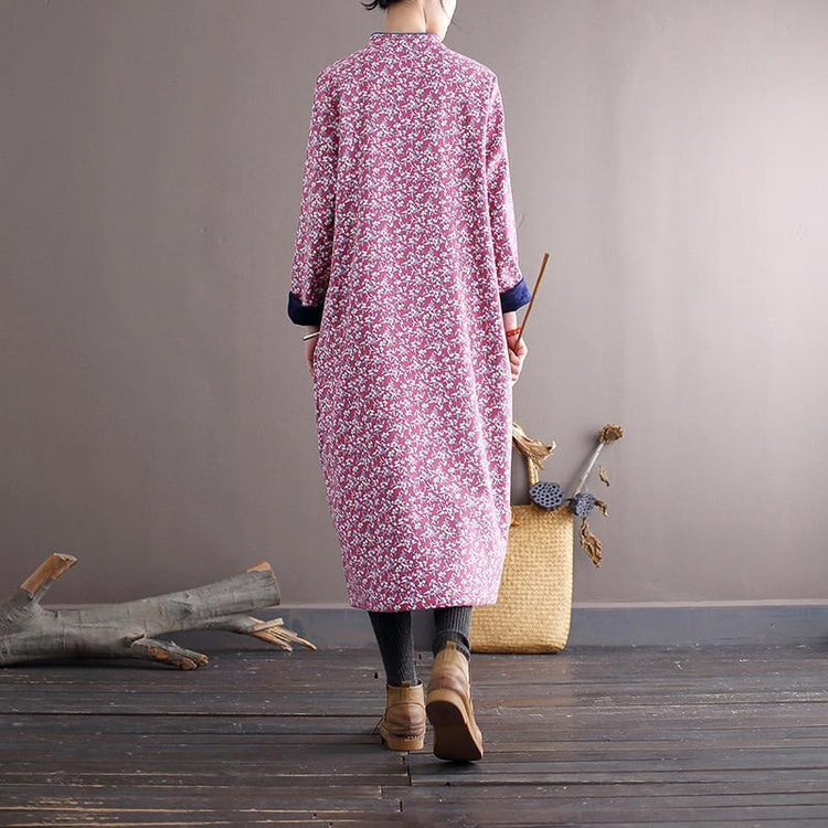 Women Loose Printed Stand Collar Dress Ladies Vintage Print Fleece Dresses Female 2020 Autumn Winter Dress - Omychic