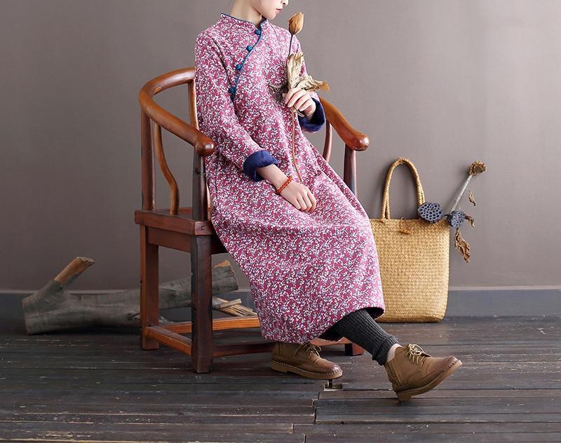 Women Loose Printed Stand Collar Dress Ladies Vintage Print Fleece Dresses Female 2020 Autumn Winter Dress - Omychic