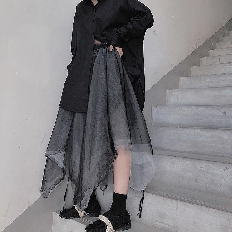 Heavy Industry Color Matching Mesh Irregular Hem Semi Black Skirt - Omychic