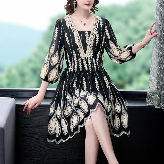 High-End Heavy Industry Embroidery Mesh Midi Dress