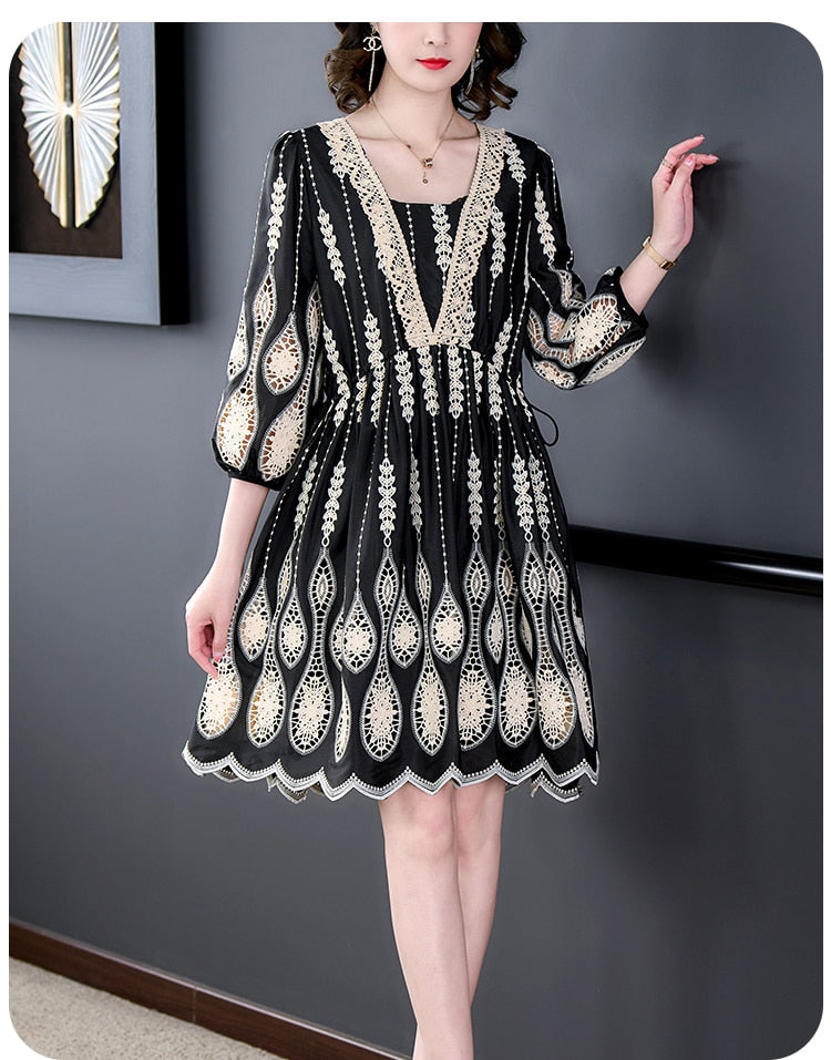 High-End Heavy Industry Embroidery Mesh Midi Dress