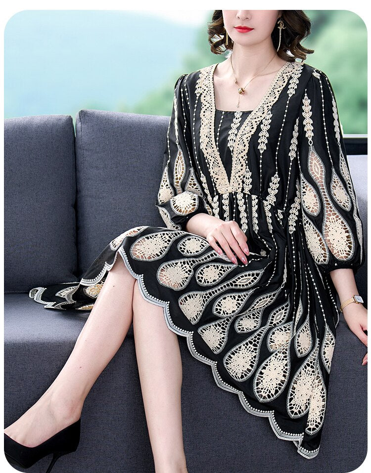 High-End Heavy Industry Embroidery Mesh Midi Dress