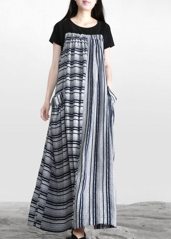 Hot Blue Striped Patchwork Linen Summer Dress - Omychic