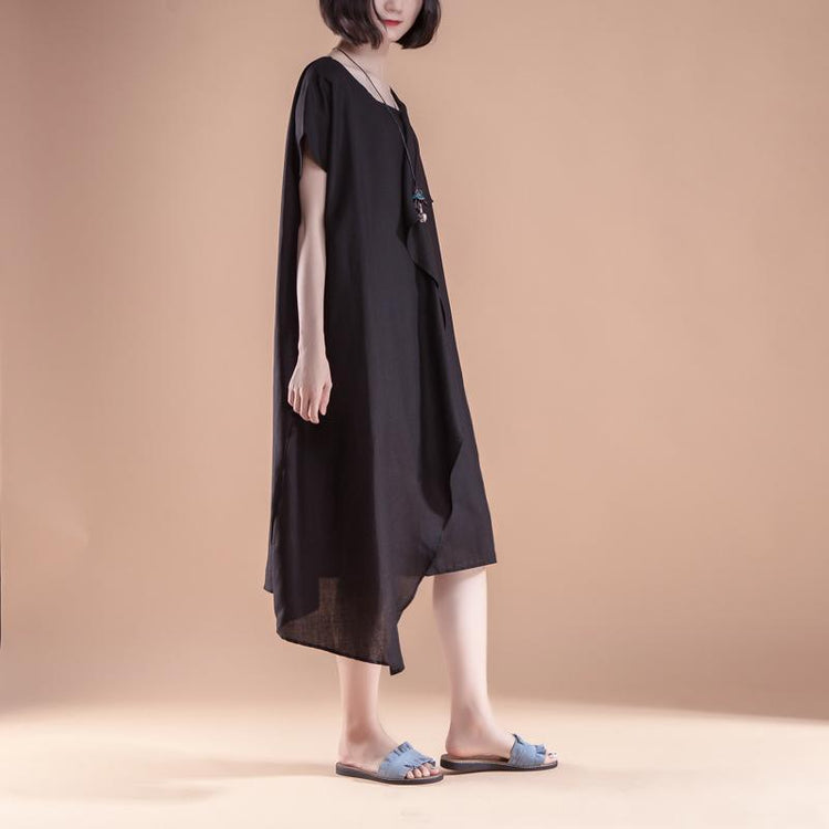 Short Sleeve High-low Hem Summer Casual Black Dress - Omychic