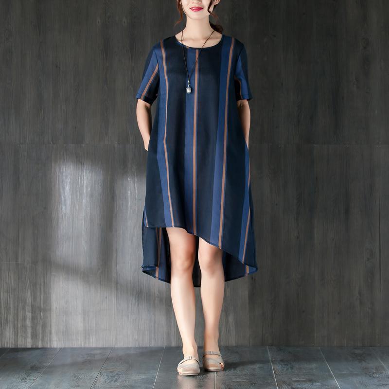 Navy Blue Stripe Women Dress with Ribbon Pocket - Omychic