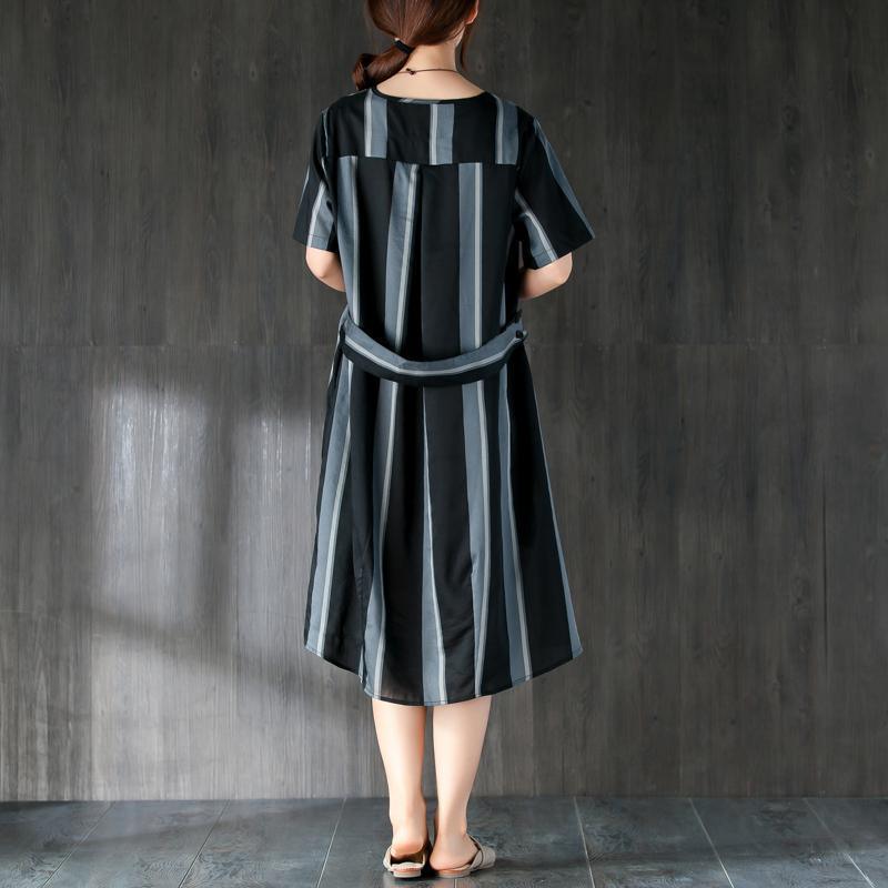 Short Sleeves Stripe Women Dress with Ribbon - Omychic