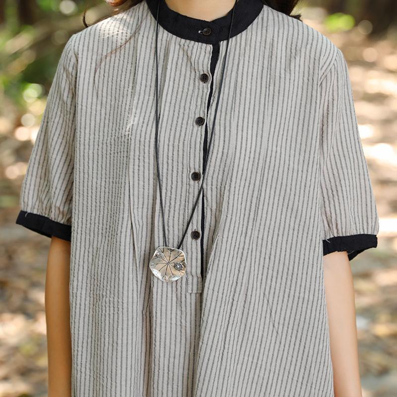Women Stand Collar Buttons Stripe Pockets 1/2 Sleeve Dress - Omychic