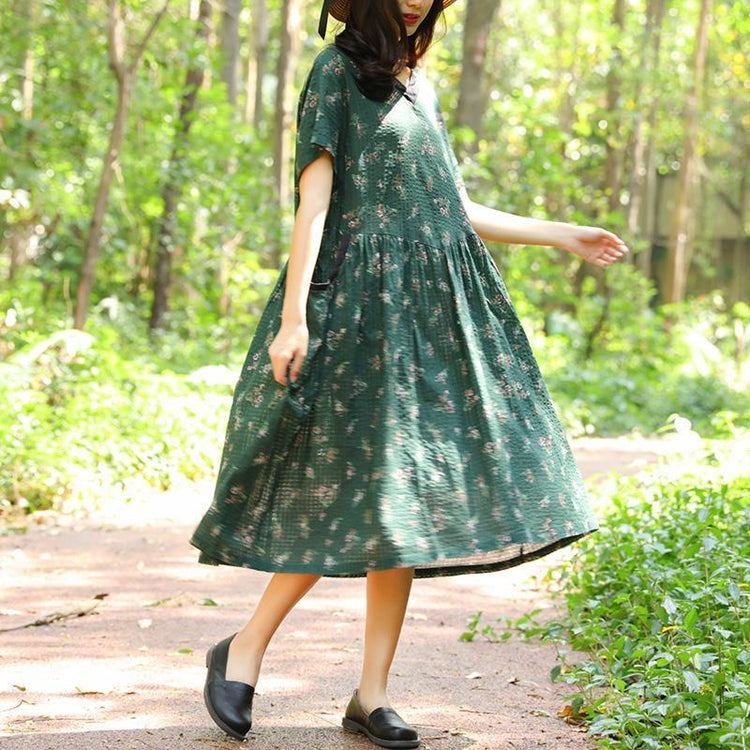 Women Retro Short Sleeve Pockets Printing Pleated Green Dress - Omychic