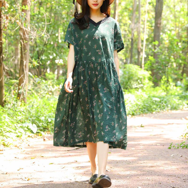 Women Retro Short Sleeve Pockets Printing Pleated Green Dress - Omychic