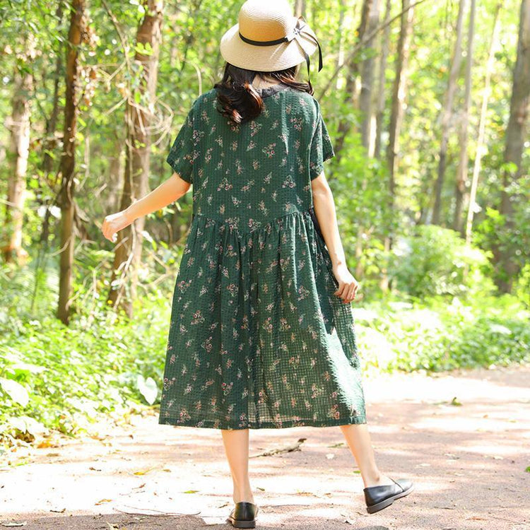 Women Retro Short Sleeve Pockets Printing Pleated Green Dress - Omychic