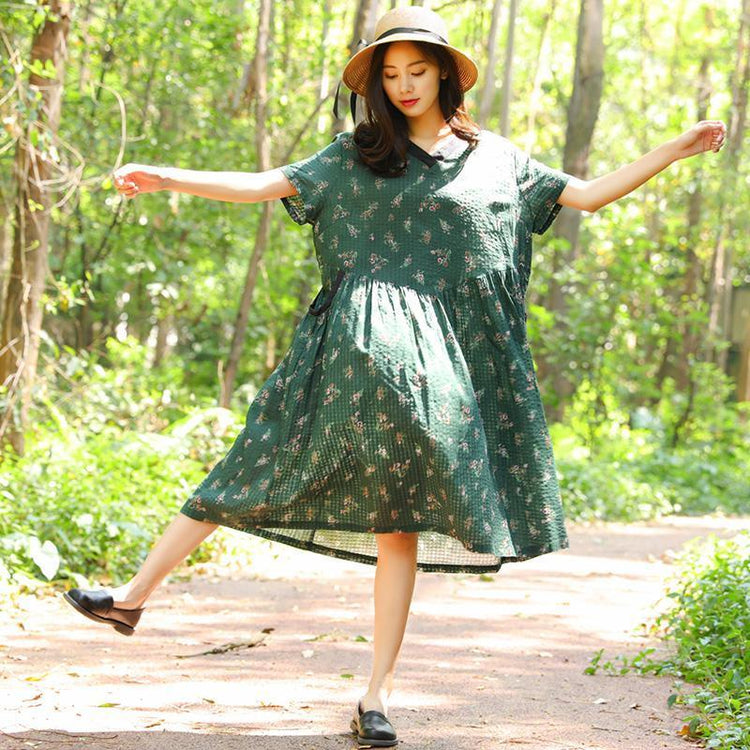 Women Retro Short Sleeve Pockets Printing Pleated Green Dress - Omychic