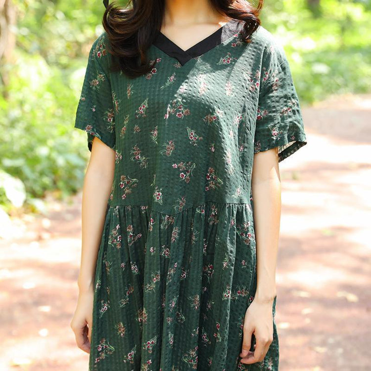 Women Retro Short Sleeve Pockets Printing Pleated Green Dress - Omychic