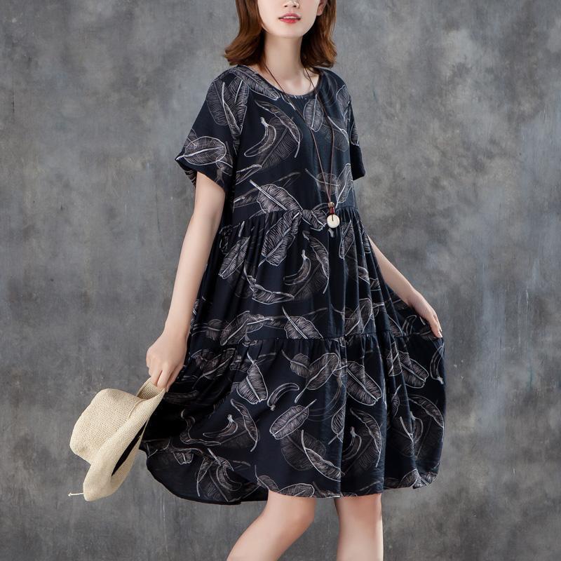 Women Short Sleeve Printed Pleated Black Dress - Omychic