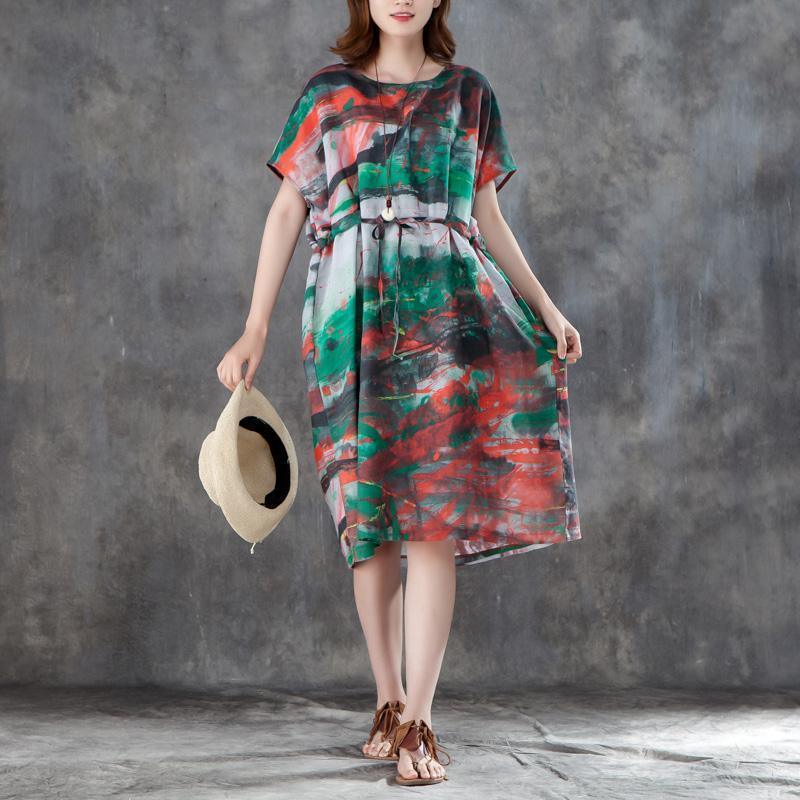 Women Short Sleeve Printed Pleated Lacing Dress - Omychic
