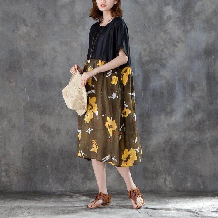 Women Short Sleeve Printed Patchwork Loose Dress - Omychic